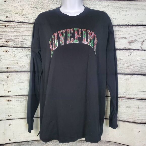 Victoria’s Secret PINK Black LOVE PINK Long Sleeve Shirt Plaid Logo Women’s M - Picture 3 of 9